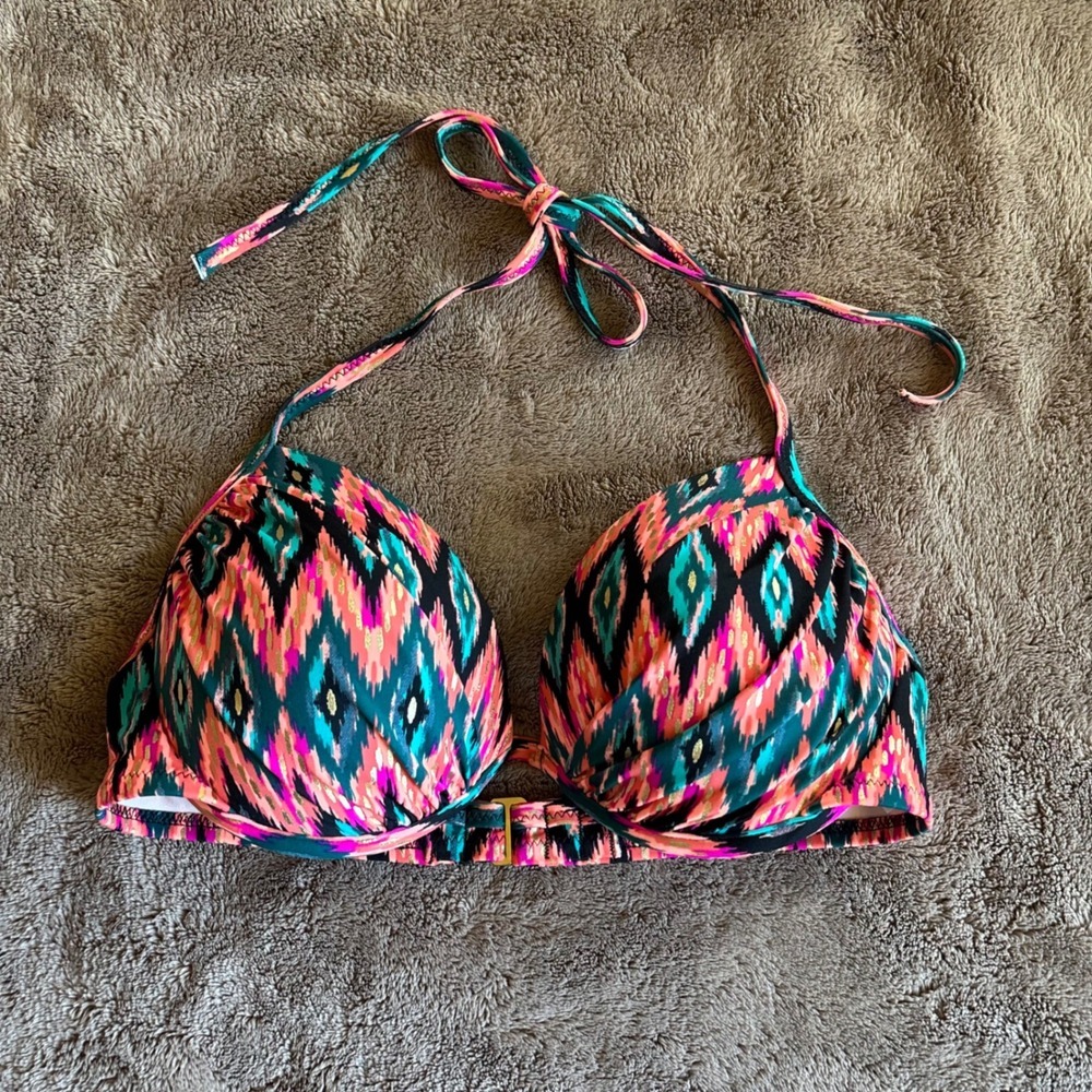 Shade & Shore Women Ikat Geometric Underwire Halter Bikini Top Pink Teal 34C